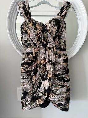 Lavish Alice Black Floral Pleated Wrap Mini Dress with Pink and Olive Accents